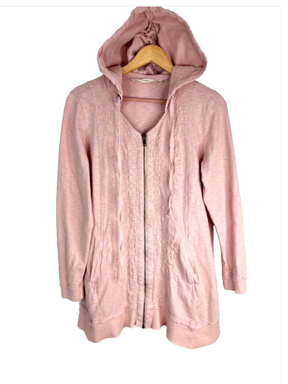 Soft Surroundings Corrina Pink Floral Embroidered Hoodie L Zip Up Boho Lagenlook - Picture 2 of 10